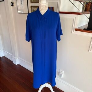 EILEEN FISHER Georgette Royal Blue Silk Midi Shirt Dress Medium